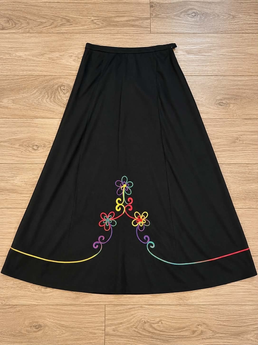 Black A-Line Maxi Skirt with Rainbow Floral Embroidery New With Tags NWT